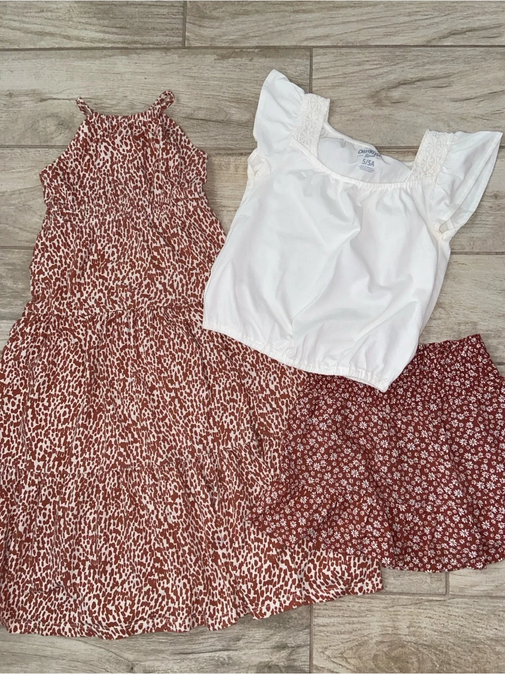 Girls' 3-Piece Summer Set Rust Brown Leopard Dress, White Top Flower Skirt XS 5